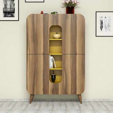 Cotecosy – Armoire de rangement 2 portes en bois noyer et jaune – Dimensions 93x144x31.8 cm – 4 étagères intérieures – Design moderne et élégant (1/4)
