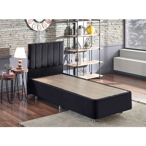 Cotecosy – Lit avec tiroirs 90x190 cm – Tête de lit capitonnée en tissu noir – Coffre de rangement intégré – Structure en métal robuste (1/5)