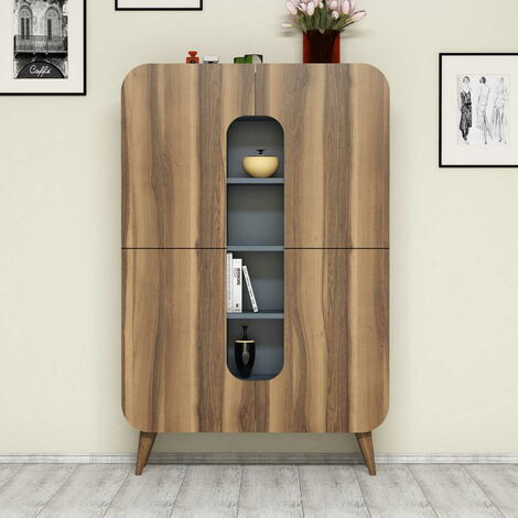 Armoire de rangement 2 portes bois noyer et bleu Berkal 93cm (1/4)