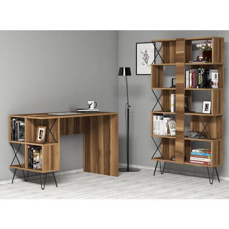 Ensemble bureau et bibliothèque bois noyer et noir Ditra (1/5)