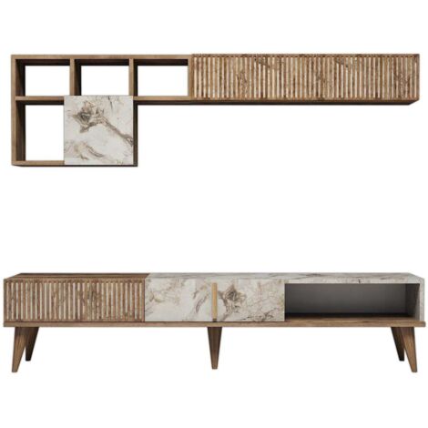 Cotecosy – Meuble TV moderne en aggloméré mélaminé – Largeur 180 cm, Hauteur 40 cm, Profondeur 35 cm – Noyer et blanc – Étagères murales incluses (1/5)