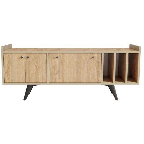 Meuble TV 3 portes 3 étagères verticales bois clair Bibola 150cm (1/5)