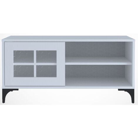 Meuble TV 1 porte coulissante bois blanc Riko 100cm (1/5)