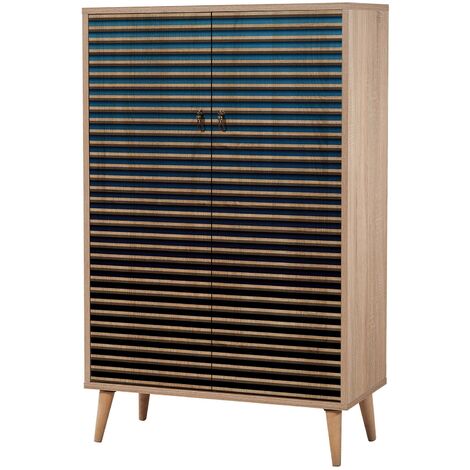 Commode haute 2 portes en bois clair et dégradé bleu Kiza 222 (1/5)