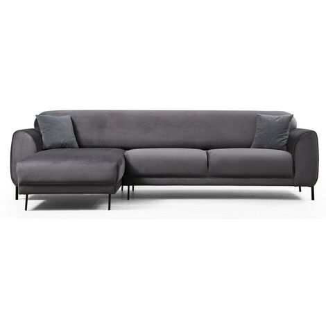 Canapé d'angle gauche design velours gris foncé et pieds acier noir Liza (1/5)