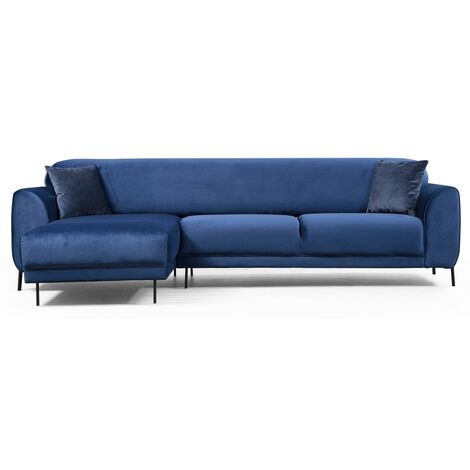 Canapé d'angle gauche design velours bleu marine et pieds acier noir Liza (1/5)