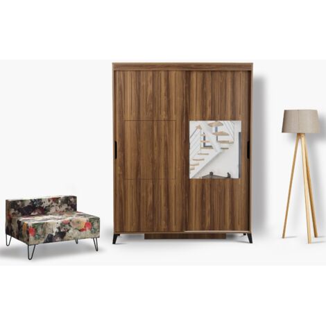 Armoire adulte bois marron 2 portes coulissantes avec miroir Marka - 8 tailles-Largeur 140 cm (1/5)