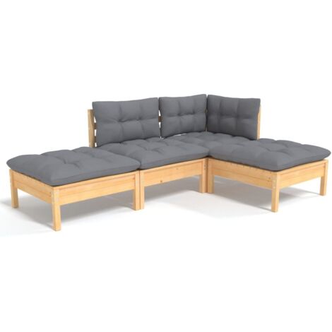 Salon de jardin 4 pcs avec coussins gris Bois de pin massif (1/5)