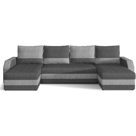Canapé d'angle convertible panoramique bicolore velours gris clair et gris foncé Nordy 307cm (1/4)