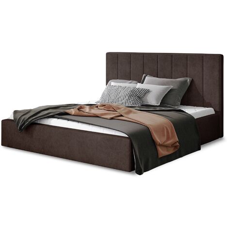 Lit adulte avec sommier Vareza – Tissu matelassé avec sommier-Marron foncé-180x200-Version avec sommier (1/5)
