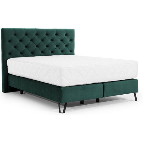 Lit continental capitonné tissu vert Pozza avec matelas 30cm en latex et pied métal noir-160x200 (1/5)