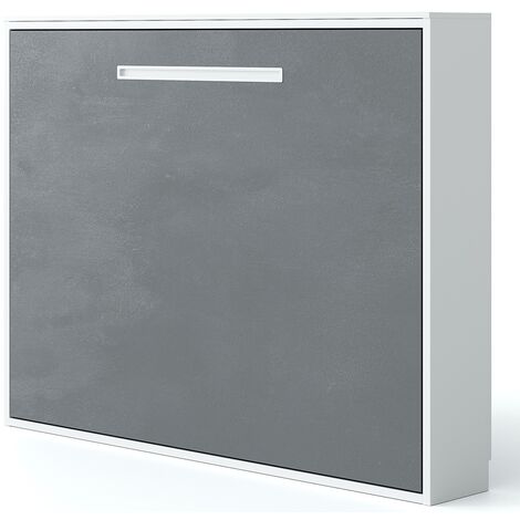 Lit escamotable horizontal MOLANE – Armoire lit avec sommier à lattes intégré Blanc Matelas mousse 18 cm-Avec matelas-90x200-Cadre Blanc-Façade Chêne blanc (1/5)