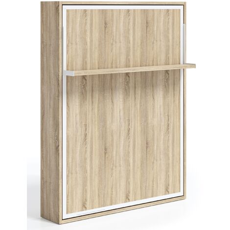 Lit escamotable vertical 80x190 avec étagère Habitat-Coffrage Chêne clair-Façade Gris ciment (1/5)