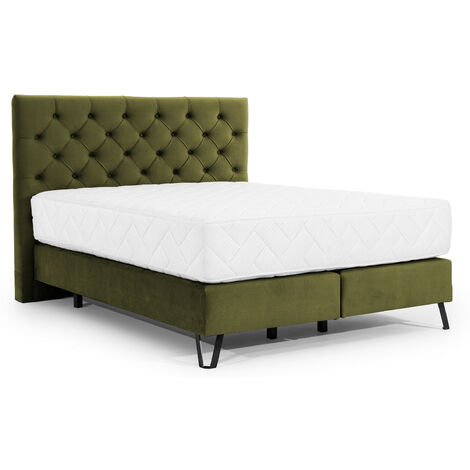 Lit continental capitonné tissu vert olive Pozza avec matelas 30cm en latex et pied métal noir-160x200 (1/5)