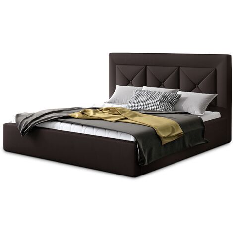 Lit moderne en simili cuir CLARIN - Avec ou sans rangement avec sommier-Marron-180x200-Version avec sommier (1/4)