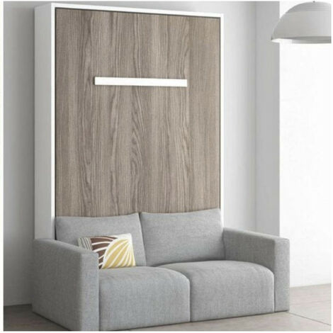 Lit escamotable vertical 120x200 avec canapé tissu Kimber-Coffrage Cambrian-Façade Gris ciment-Canapé Beige (1/5)