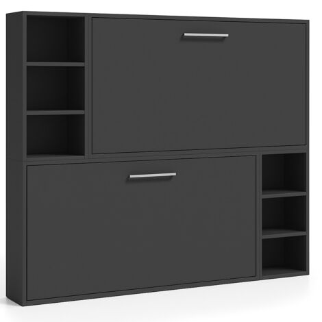 Lit escamotable superposé horizontal 2 couchages 90x190 avec étagères Binka-2 matelas-Coffrage Gris anthracite-Façade Gris anthracite (1/5)