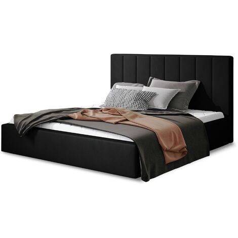 Lit adulte avec sommier Vareza – Velours matelassé avec sommier-Noir-180x200-Version avec sommier (1/5)