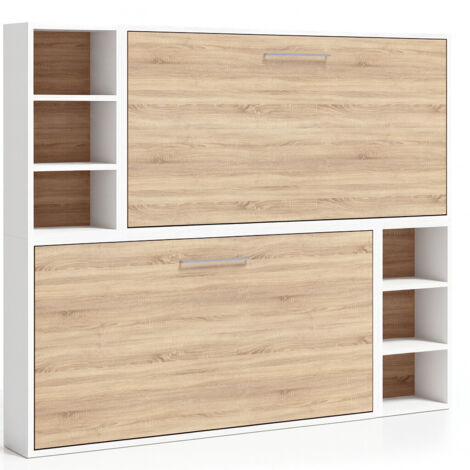 Lit escamotable superposé horizontal 2 couchages 90x190 avec étagères Binka-Coffrage Blanc-Façade Cambrian (1/5)
