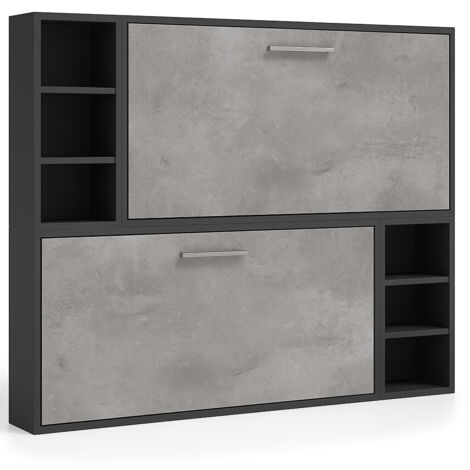 Lit escamotable superposé horizontal 2 couchages 80x180 avec étagères Binka-Coffrage Gris anthracite-Façade Gris ciment (1/5)