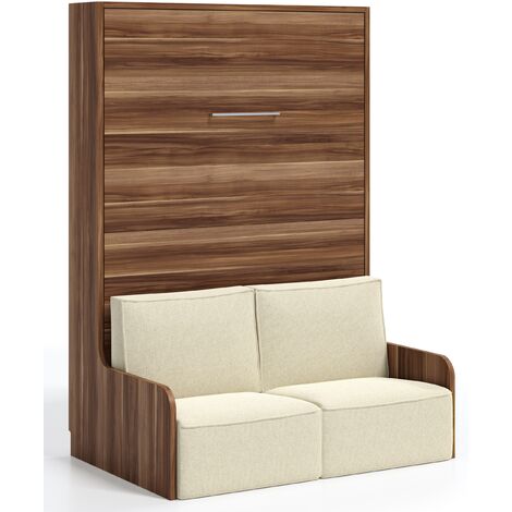 Lit escamotable vertical avec banquette Kora 120x190-Coffrage Gris ciment-Façade Gris ciment-Canapé Beige (1/5)