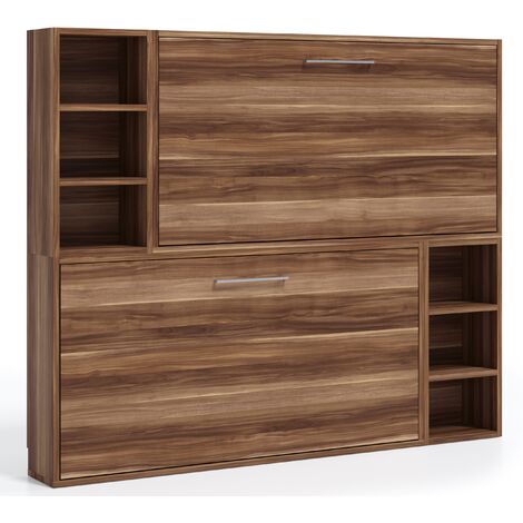 Lit escamotable superposé horizontal 2 couchages 80x190 avec étagères Binka-Coffrage Ebene-Façade Ebène (1/5)