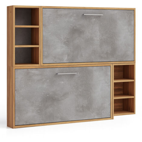 Lit escamotable superposé horizontal 2 couchages 90x200 avec étagères Binka-Coffrage Cambrian-Façade Gris ciment (1/5)