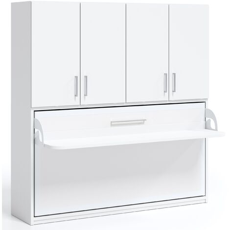 Lit escamotable horizontal 90x190 avec bureau et armoire 4 portes Spako-Couleur Chêne brun-Dimensions Profondeur 34,5 cm (1/5)