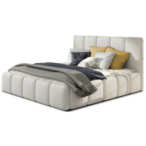 Lit adulte Vika – Simili cuir capitonné avec sommier-Blanc-180x200-Version avec sommier (1/5)