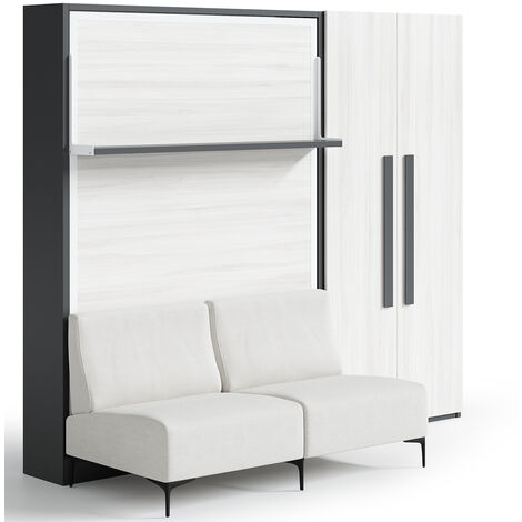 Lit escamotable verticale avec canapé et armoire Marko 90x190-Canapé Beige-Structure,Façade Gris ciment (1/5)
