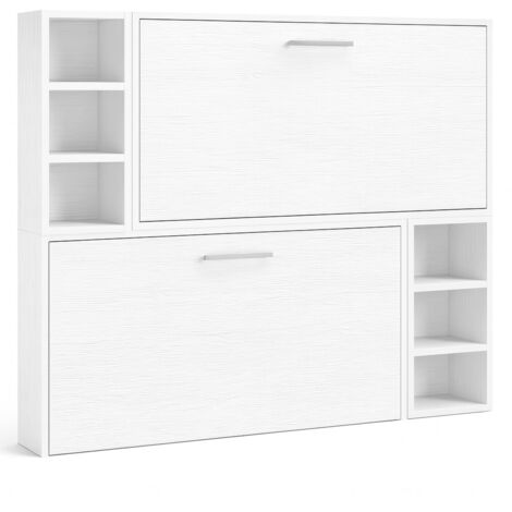 Lit escamotable superposé horizontal 2 couchages 80x190 avec étagères Binka-Coffrage Blanc-Façade Wengué (1/5)