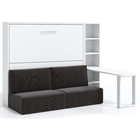 Lit escamotable 160x200 canapé etagere bureau Prolok-Avec matelas-Canapé Noir-Structure et Façade Blanche (1/5)
