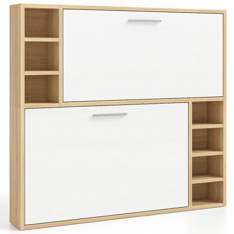 Lit escamotable superposé horizontal 2 couchages 90x190 avec étagères Binka-Coffrage Cambrian-Façade Blanche (1/5)