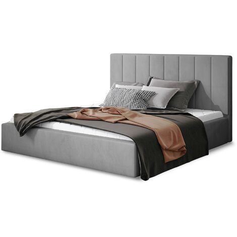 Lit adulte avec sommier Vareza – Velours matelassé avec sommier-Gris-180x200-Version avec sommier (1/5)