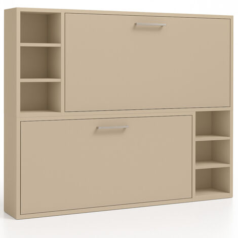 Lit escamotable superposé horizontal 2 couchages 80x200 avec étagères Binka-Coffrage Wengué-Façade Blanche (1/5)