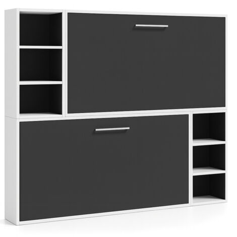 Lit escamotable superposé horizontal 2 couchages 90x180 avec étagères Binka-2 matelas-Coffrage Blanc-Façade Gris anthracite (1/5)