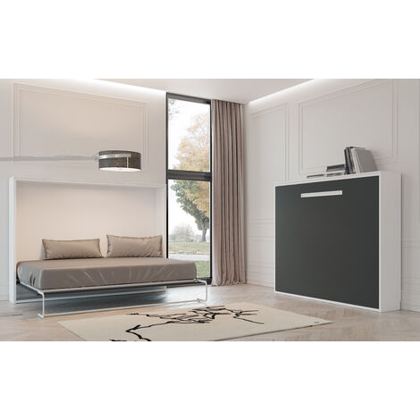 Lit escamotable horizontal 90x180 - P 45cm - Avec étagères intérieures Optima-Avec matelas-Coffrage Gris anthracite-Façade Glacial 3D (1/5)