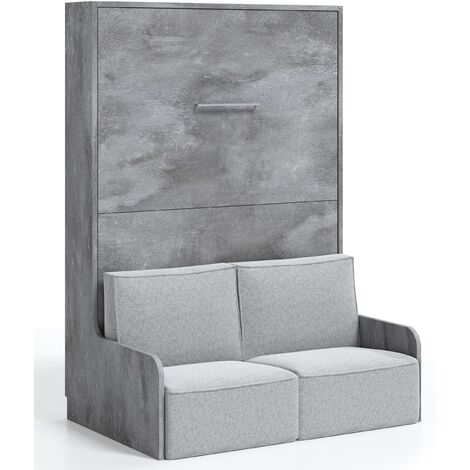 Lit escamotable vertical avec banquette Kora 150x190-Coffrage Gris ciment-Façade Gris ciment-Canapé Beige (1/5)
