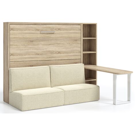 Les Tendances – Lit escamotable 140x190 cm avec canapé en tissu beige – Structure en acier renforcé – Amortisseurs à gaz – Finition mélamine chêne clair