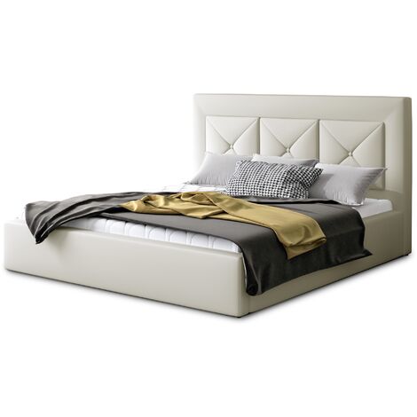 Lit moderne en simili cuir CLARIN - Avec ou sans rangement avec sommier-Crème-140x200-Version avec sommier (1/4)