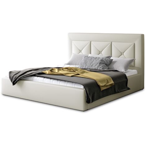Lit moderne en simili cuir CLARIN - Avec ou sans rangement avec sommier-Crème-200x200-Version avec sommier (1/4)