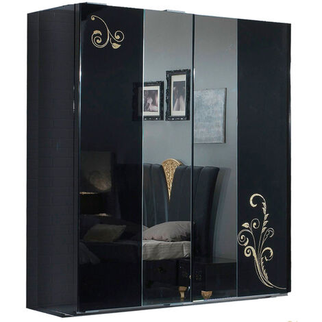 Armoire de chambre design 2 portes coulissantes bois laqué noir et doré Jade 182cm (1/5)