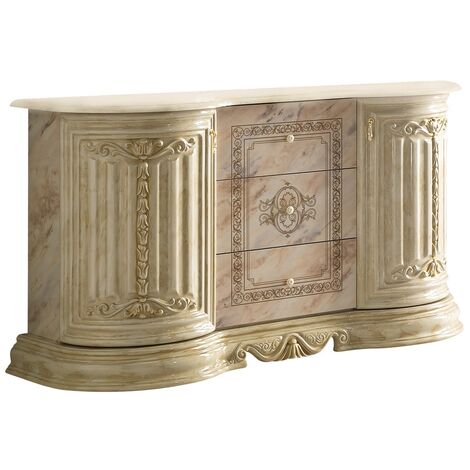 Buffet 2 portes 3 tiroirs bois vernis laqué brillant beige onyx effet marbré et doré Lesly 134cm