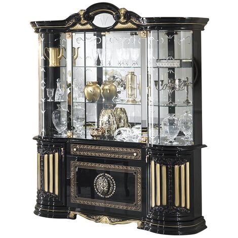 Vitrine 8 portes 1 tiroir vernis laqué brillant laqué noir et doré Lesly 173cm