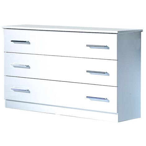 Commode design 3 grands tiroirs bois blanc laqué avec poignées chromées Turin 116cm (1/2)