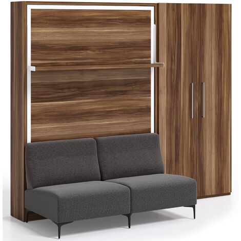 Lit escamotable verticale avec canapé et armoire Marko 140x190-Canapé Rouge-Structure,Façade Chêne blanc (1/5)