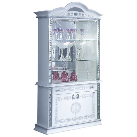 Vitrine 4 portes 1 tiroir bois vernis laqué brillant blanc et gris Venus 105cm