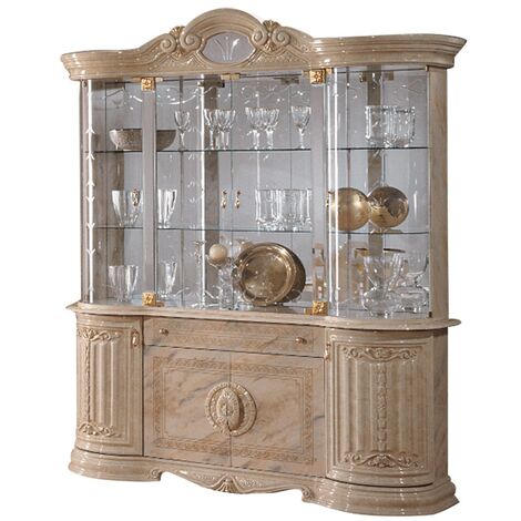 Vitrine 8 portes 1 tiroir bois vernis laqué brillant beige et onyx effet marbré Lesly 173cm
