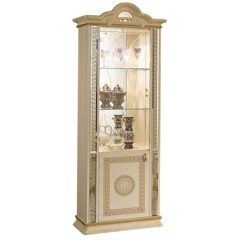 Vitrine 2 portes bois vernis laqué brillant beige et doré Venus 78cm