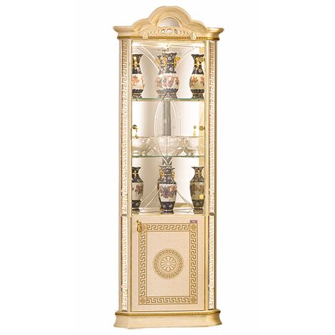 Vitrine d'angle bois vernis laqué brillant beige et doré Venus 64cm